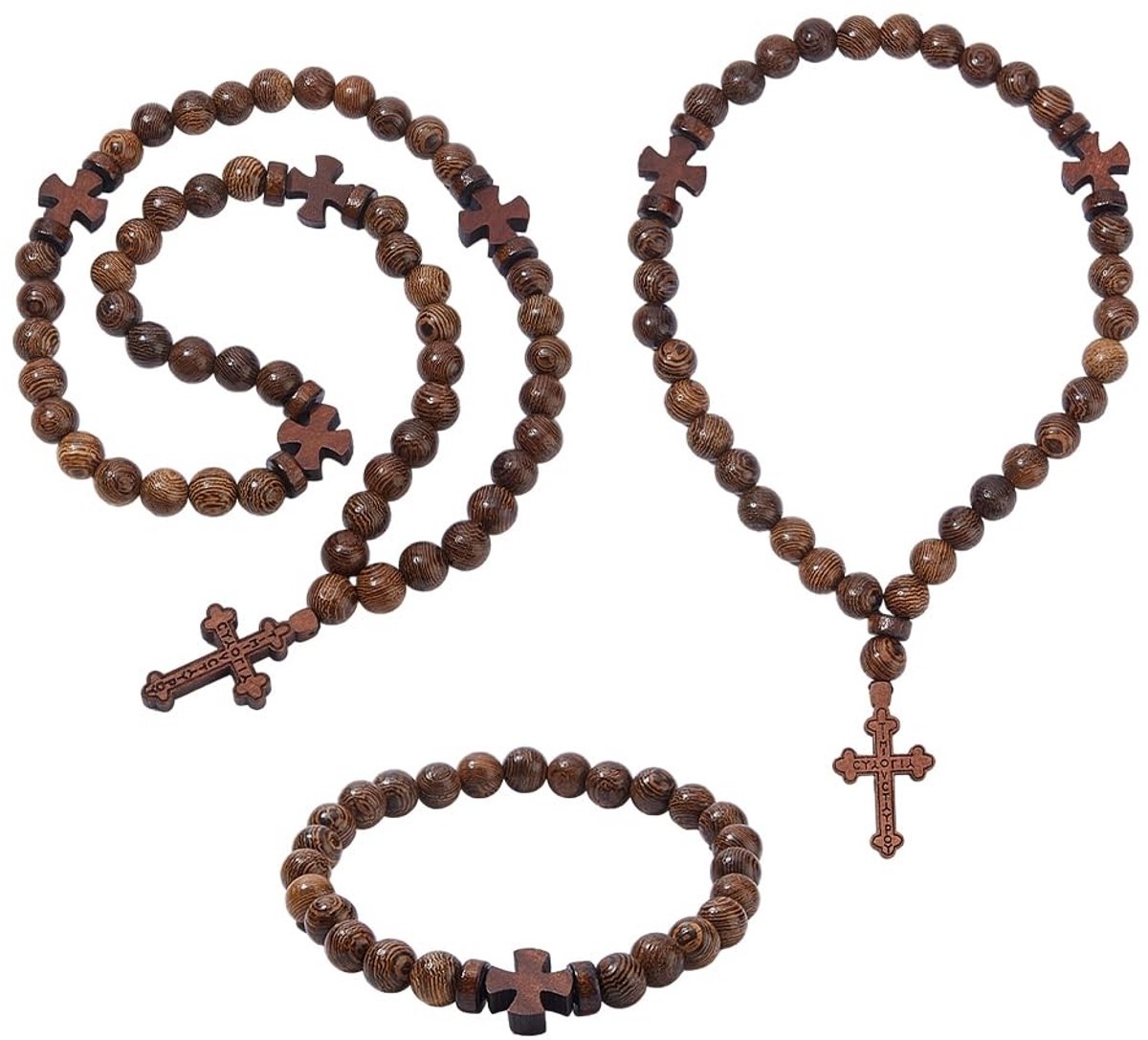 Dailygoods- Komboskoini Set van 3 - 25/33/50 Knopen - Houten Gebedsketting - Traditioneel Kruisdesign - Spirituele Meditatie - Comfortabele Grip