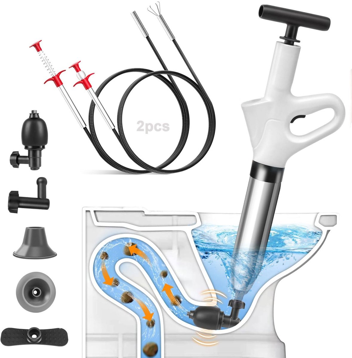Dailygoods- Afvoerreiniger Professionele Pneumatische Hogedruk - Ontstopper voor WC - Gootsteenontstopper - Doucheontstopper - 4 Verwisselbare Koppen - Luchtdrukweergave