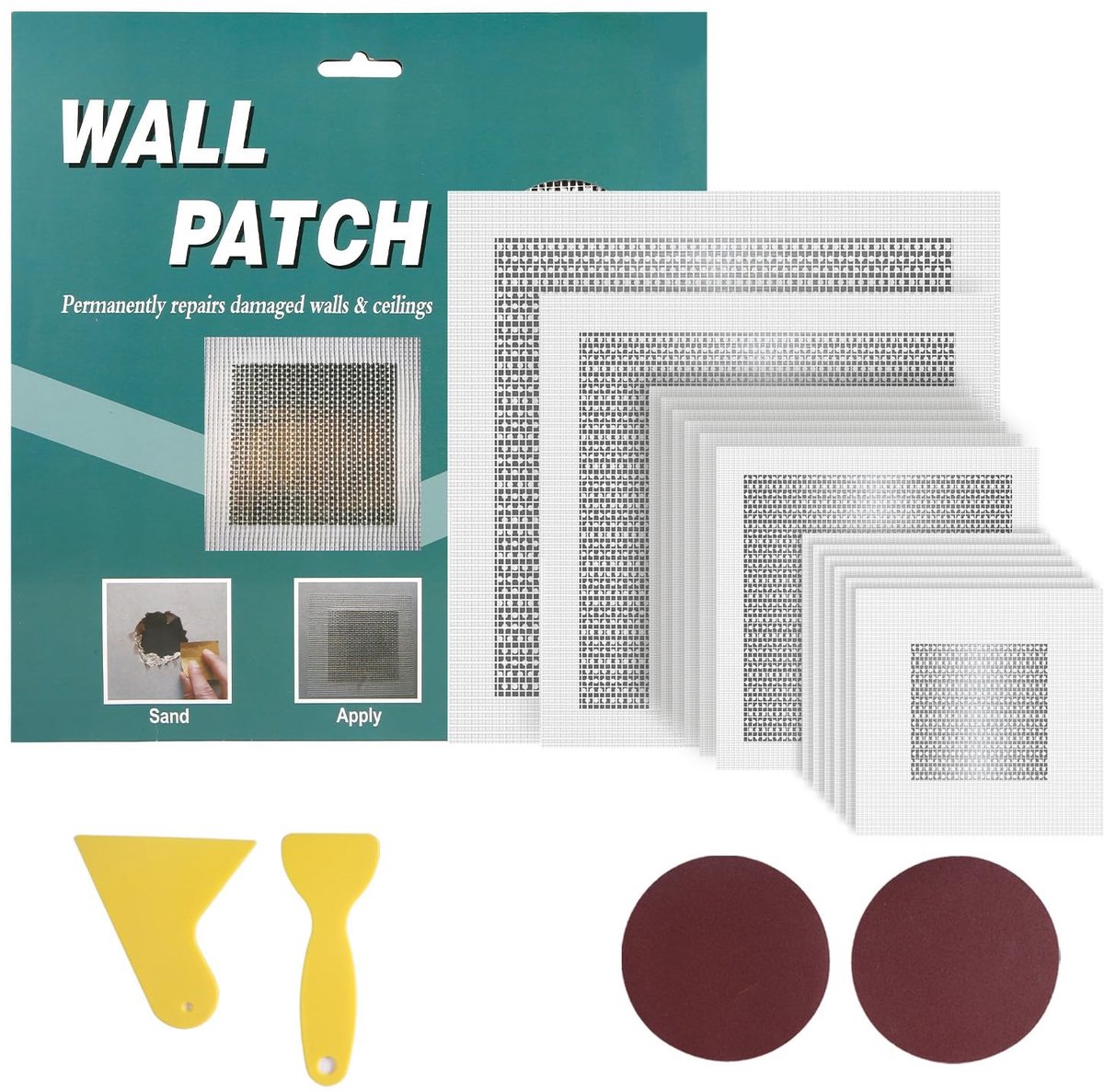 Dailygoods- Gipsplaatreparatieset 18st - Aluminium Gipsplaatgatpatch 5/15/20cm - Schrapers - Schuurpapier - Droge Muurreparatieset - Compleet Gereedschap