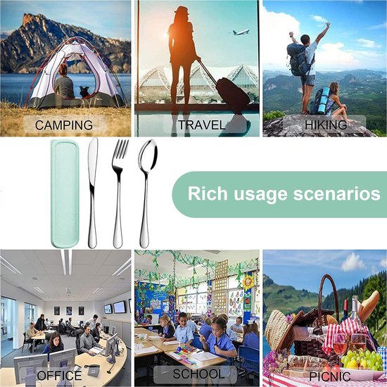3 stuks campingbestek, roestvrij staal, reisbestek met etui, campingbestekset met vork, lepel, mes, bestek om mee te nemen, vaatwasmachinebestendig voor outdoor, school, werk, reizen (zilver) — afbeelding 5
