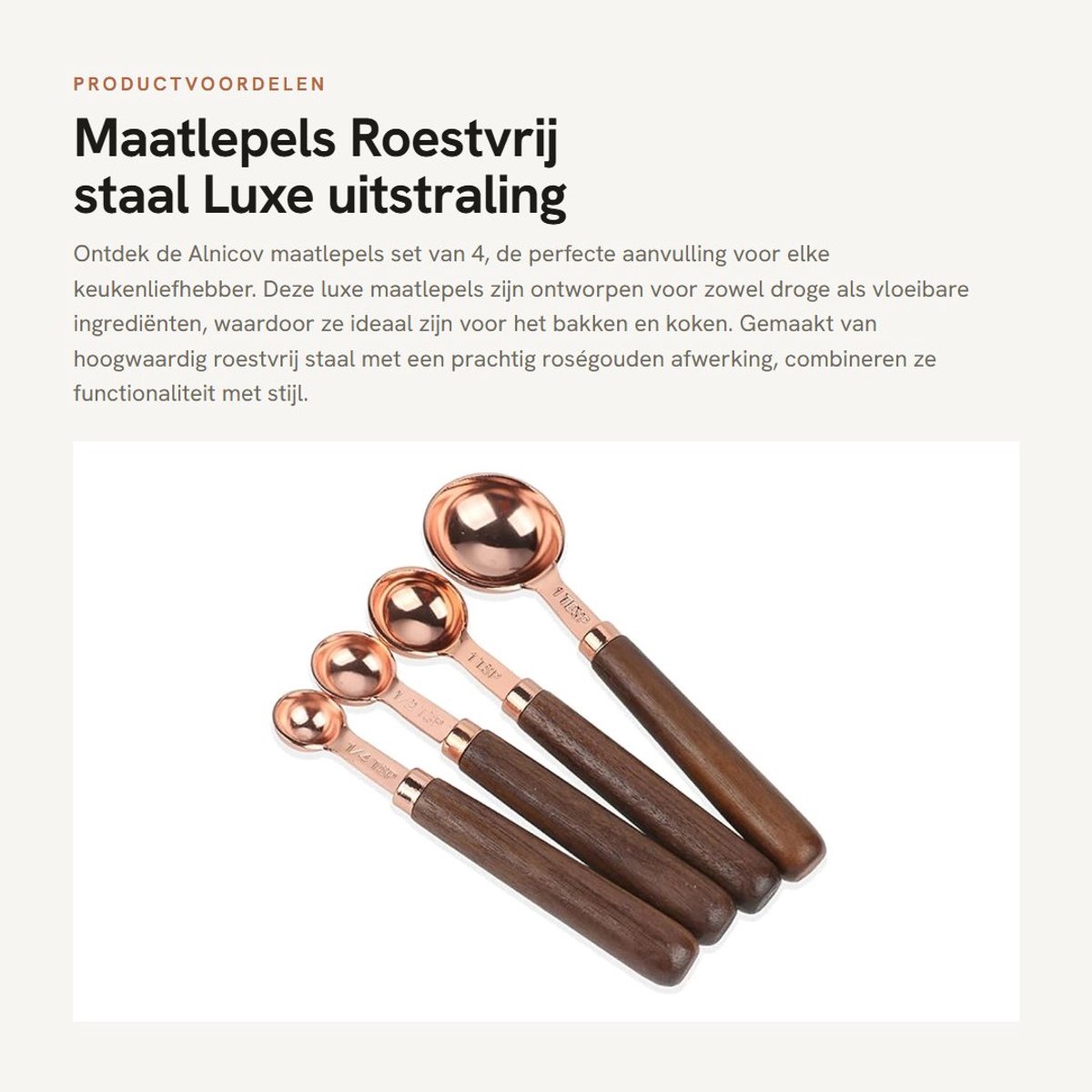 Dailygoods- Maatlepels Set van 4 - Roestvrij Staal/Roségoud - Maatlepels met Houten Handvat - Voor Koken/Bakken - Vaatwasser Veilig - Hoogwaardige Kwaliteit - Maatlepelset