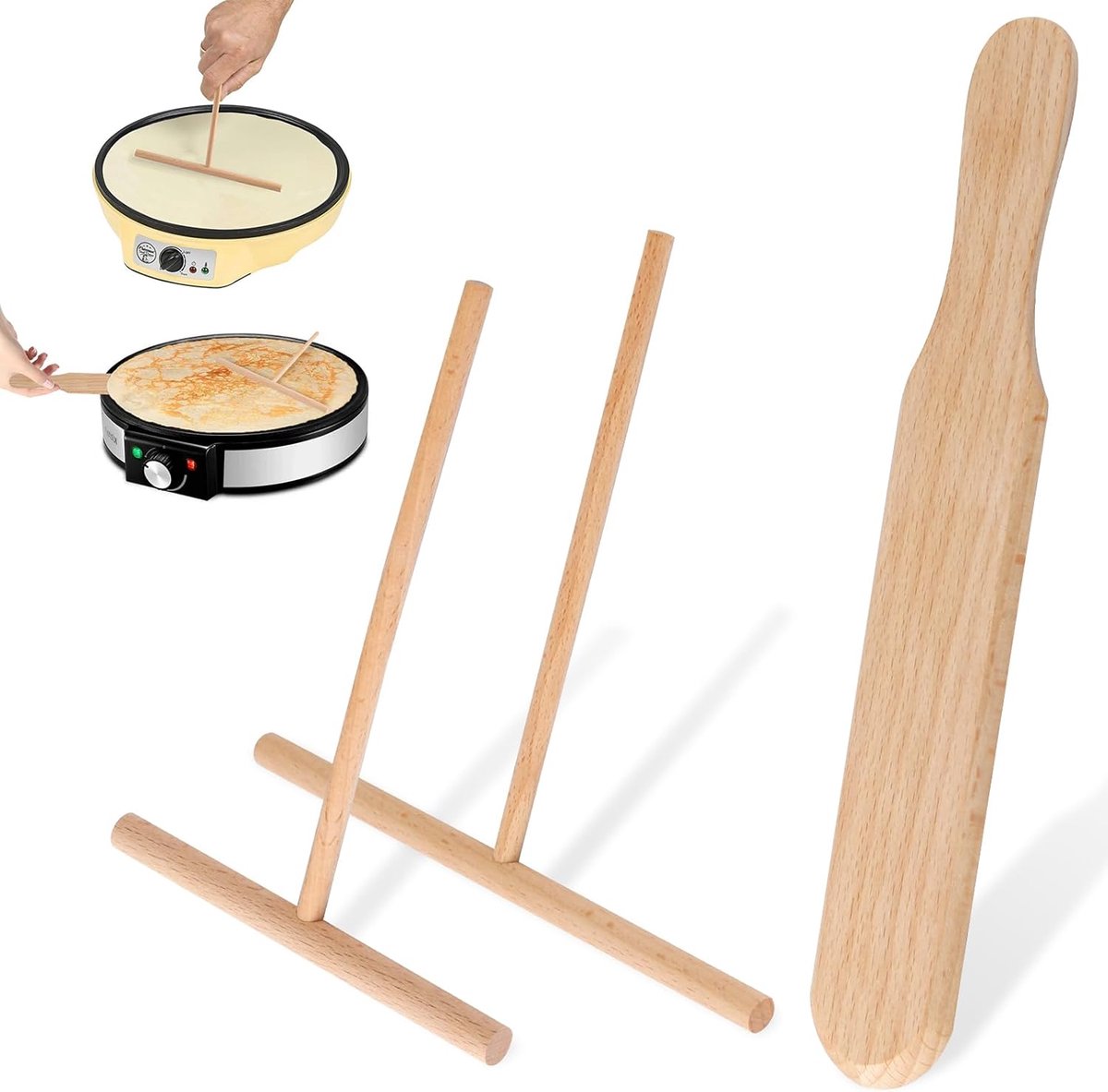 3 stuks pannenkoekenverdelers van beukenhout, T-vormige pannenkoeken, spatel en verdeler in set, gemakkelijk te reinigen, deegverdeler voor pannenkoeken, pannenkoeken, accessoires, pannenkoeken,