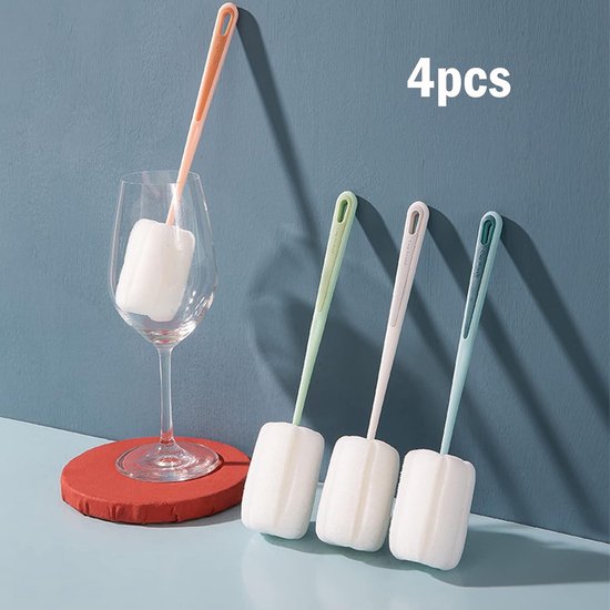 Flessenborstel met lange handgreep, flessenreiniger voor drinkflessen, zachte spons, reinigingsborstel, glasborstel, wasborstel voor waterflessen, kopjes, schotels, borden (4 stuks) — afbeelding 2