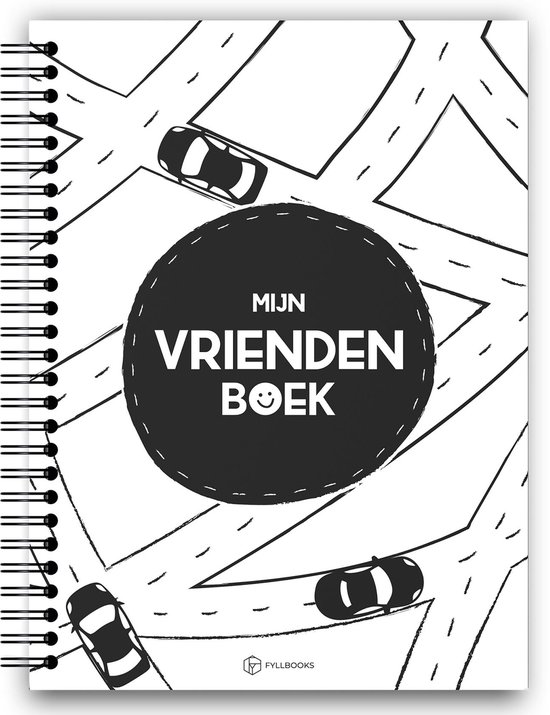 Omslag van een vriendenboek met een wegenkaartpatroon en een cirkel met de titel 'MIJN VRIENDENBOEK'.