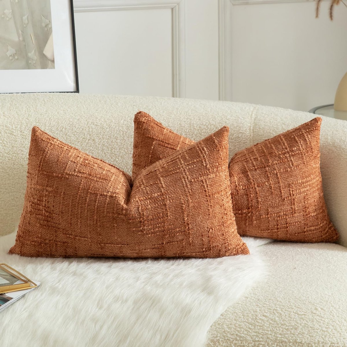 Pakket van 2 effen, decoratieve zachte chenille kussenslopen in brandsteen kleur, 30x50 cm / 12x20 inch, lendenaccent, effen, zacht, comfortabel, luxe kussenhoezen voor sofa, bank, slaapkamer