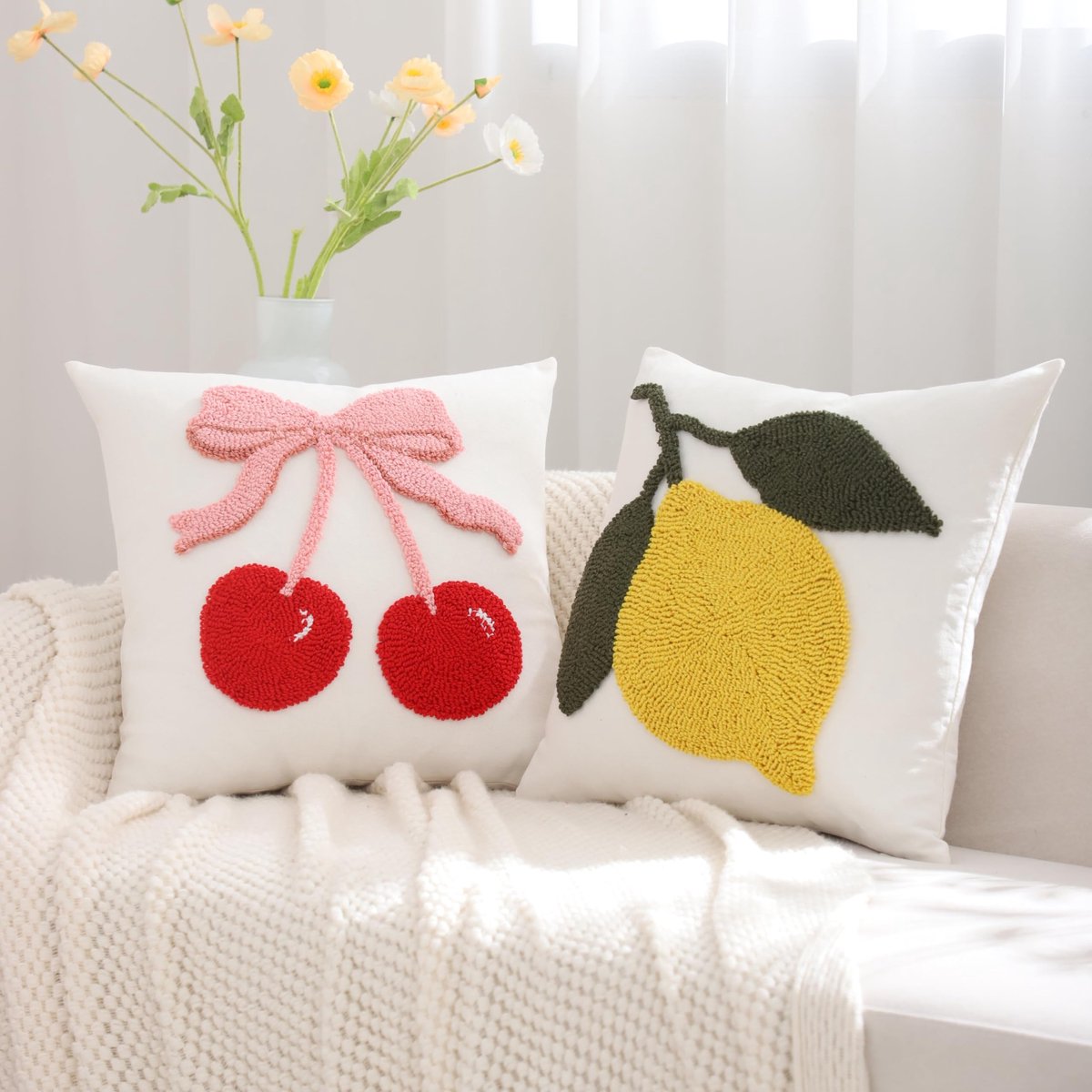 Set van 2 kussenslopen zomer, strand, 45 x 45 cm, getufte rood, kersen, landschap, decoratieve katoenen kussenhoezen, sierkussenhoezen voor bank, woonkamer, thuis, lente