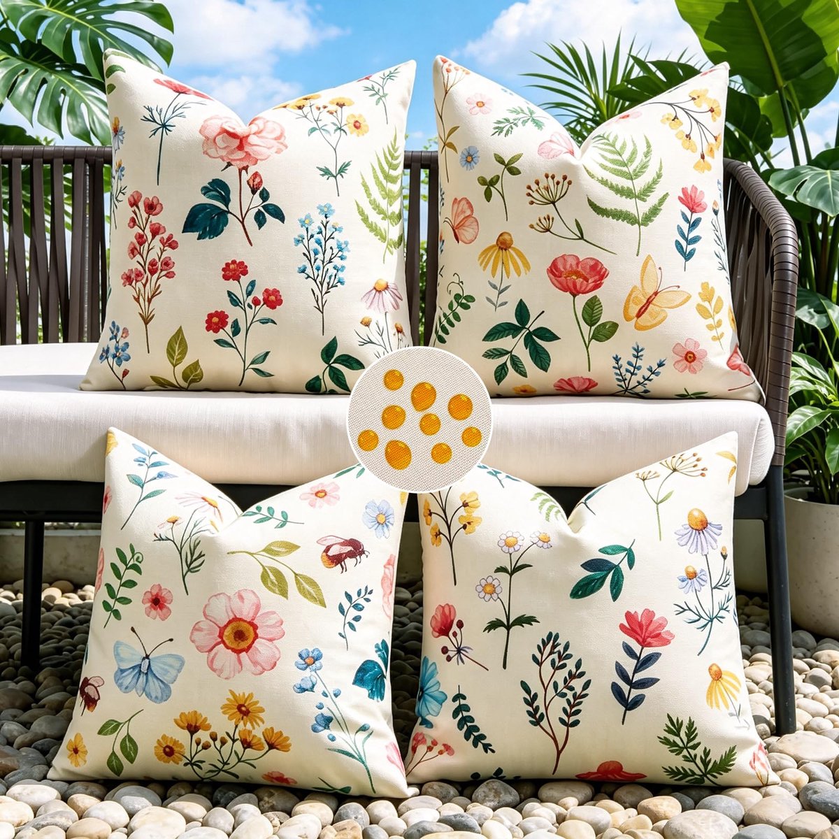 kussen 45 x 45 cm set van 4 modern design aquarel bloemen insecten weerbestendig woonkamer terras
