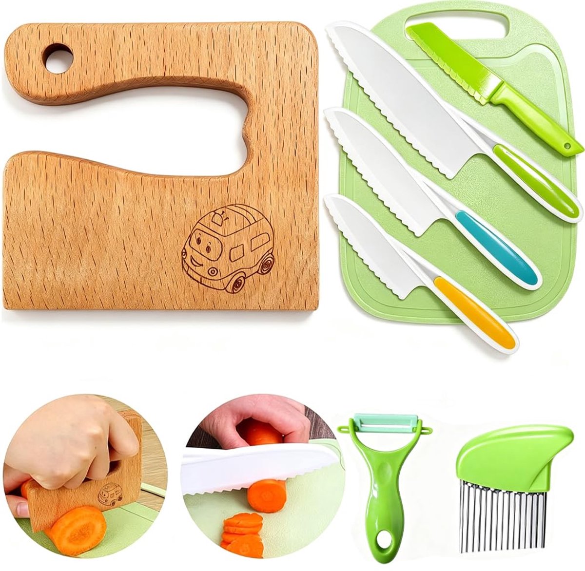 8-delige veilige houten messenset, kindermes set & Montessori mes, Montessori snijgereedschap, BPA-vrij, cadeau idee, geschikt voor kinderen vanaf 2 jaar (auto Houten Messen)