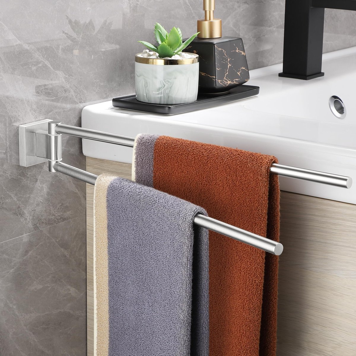 Handdoekenrek met boren van roestvrij staal 304 - Dubbele draaibare stang - Handdoekhouder voor badkamer en keuken - 39 cm - Zilver