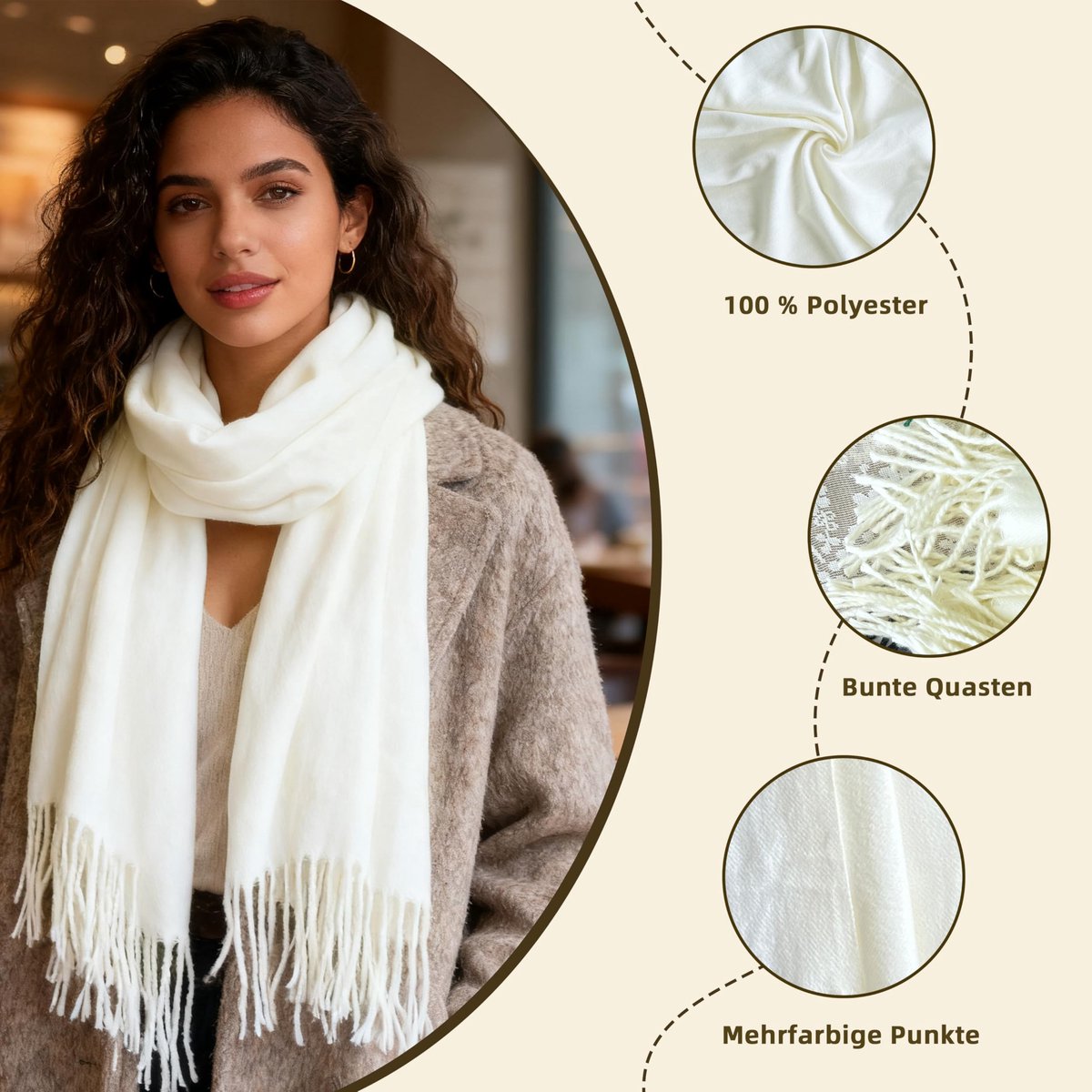 sjaal met franjes, warme wintersjaal, 180x70cm Pashmina omslagdoek voor dames en heren