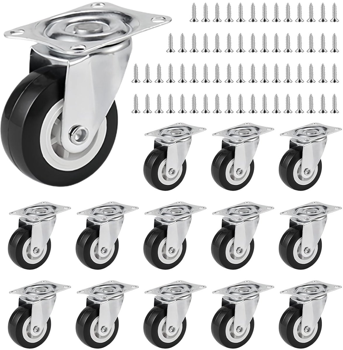 16 stuks meubelwielen klein 25 mm zwenkwielen met rem, incl. 64 schroeven, wielen voor meubels en transportwielen, kleine universele meubelwielen voor kasten, stoelen en alle gangbare