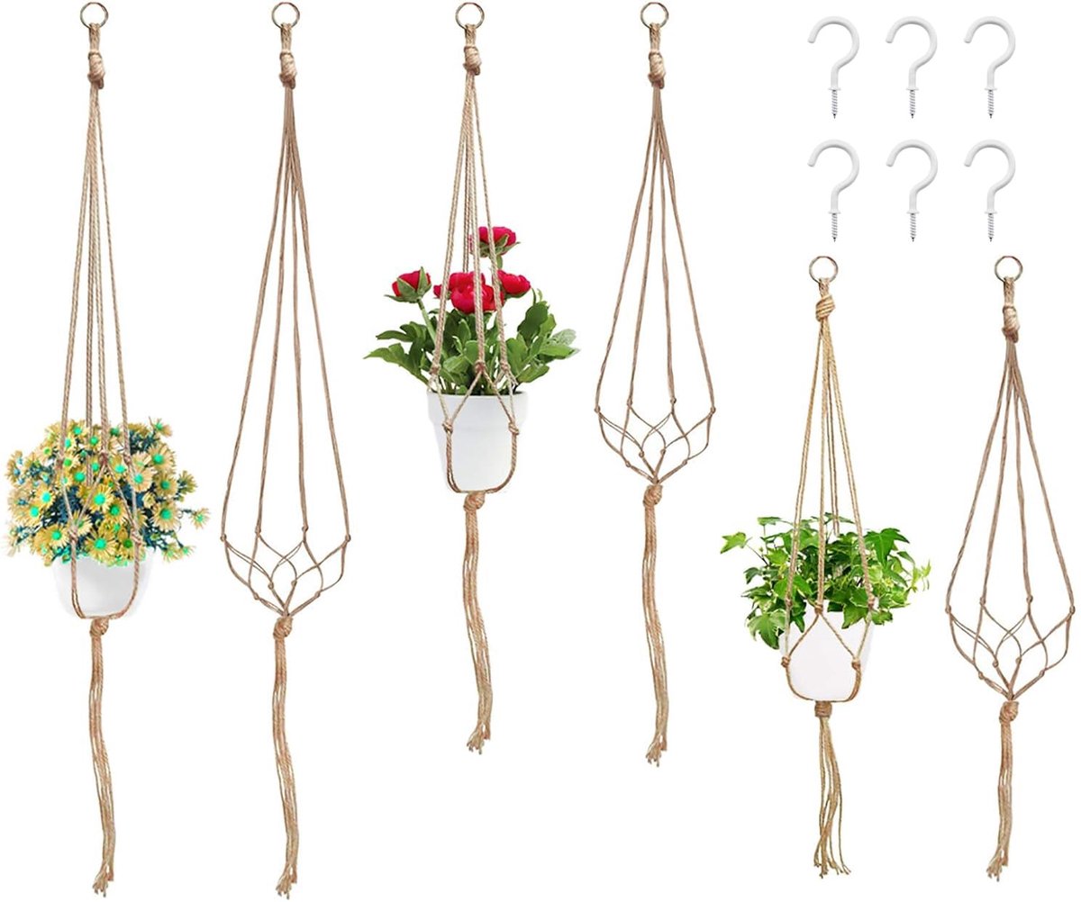 Famanu – Set van 6 macramé hangende plantenbakhouders, ideaal voor binnen en buiten decoraties, perfect voor het tonen van vetplanten, cactussen en kruiden in je groene ruimte