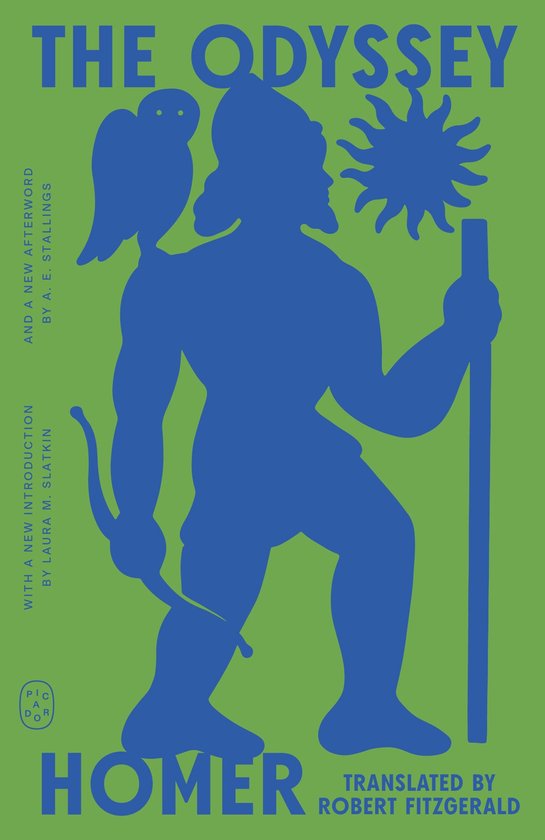 Silhouette bleue d'un guerrier avec arc et flèche, lance et un hibou sur l'épaule, sur fond vert. Titre: The Odyssey.