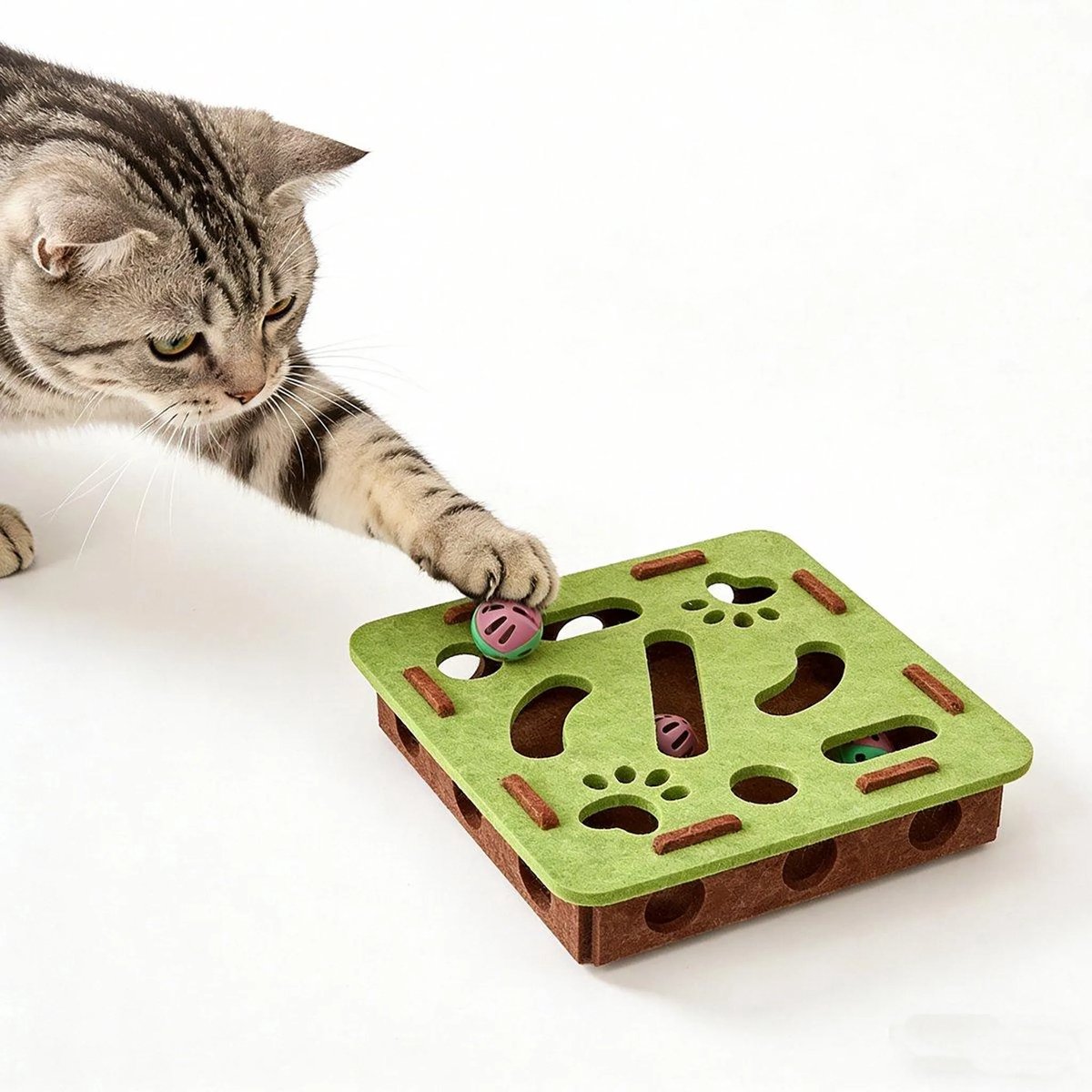 Casalora Katten Speelgoed Puzzeldoos – Vilten Speelgoed met 3 Belletjesballen – Educatief Interactief Oefenspeelgoed voor Binnenkatten – Groen