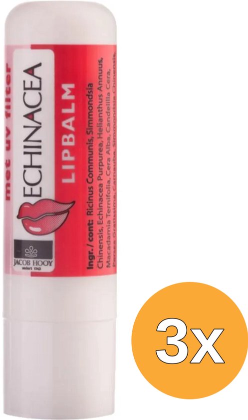 Jacob Hooy Echinacea lippenbalsem stick met rode opdruk en lippen-icoon. Set van 3 stuks.