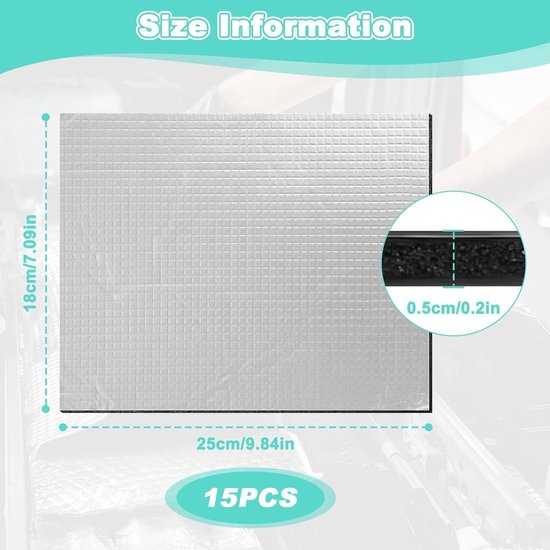 Geluiddempende Mat 15 Stuks 25 x 18 cm Brandwerend Zelfklevend Waterdicht Vochtbestendig Warmte-isolerend voor Deuren en Kofferbak — afbeelding 4