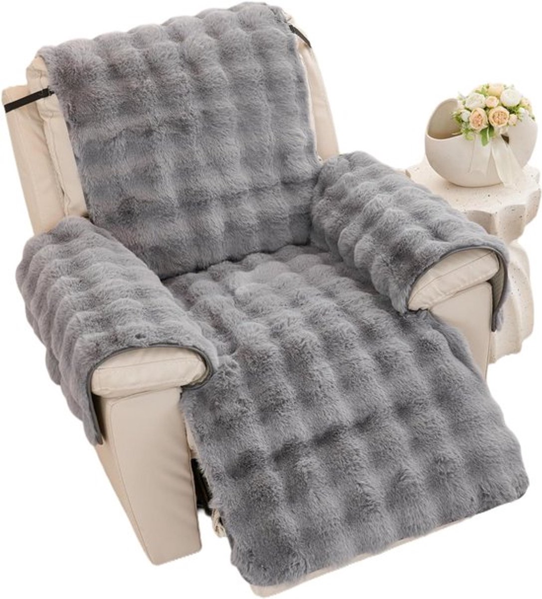 Zachte Pluche Stoelbeschermer en Armleuning Kussens - Antislip Fluffy Faux Fur Relax Stoelhoes (Grijs, 60x225cm) voor Comfort en Bescherming