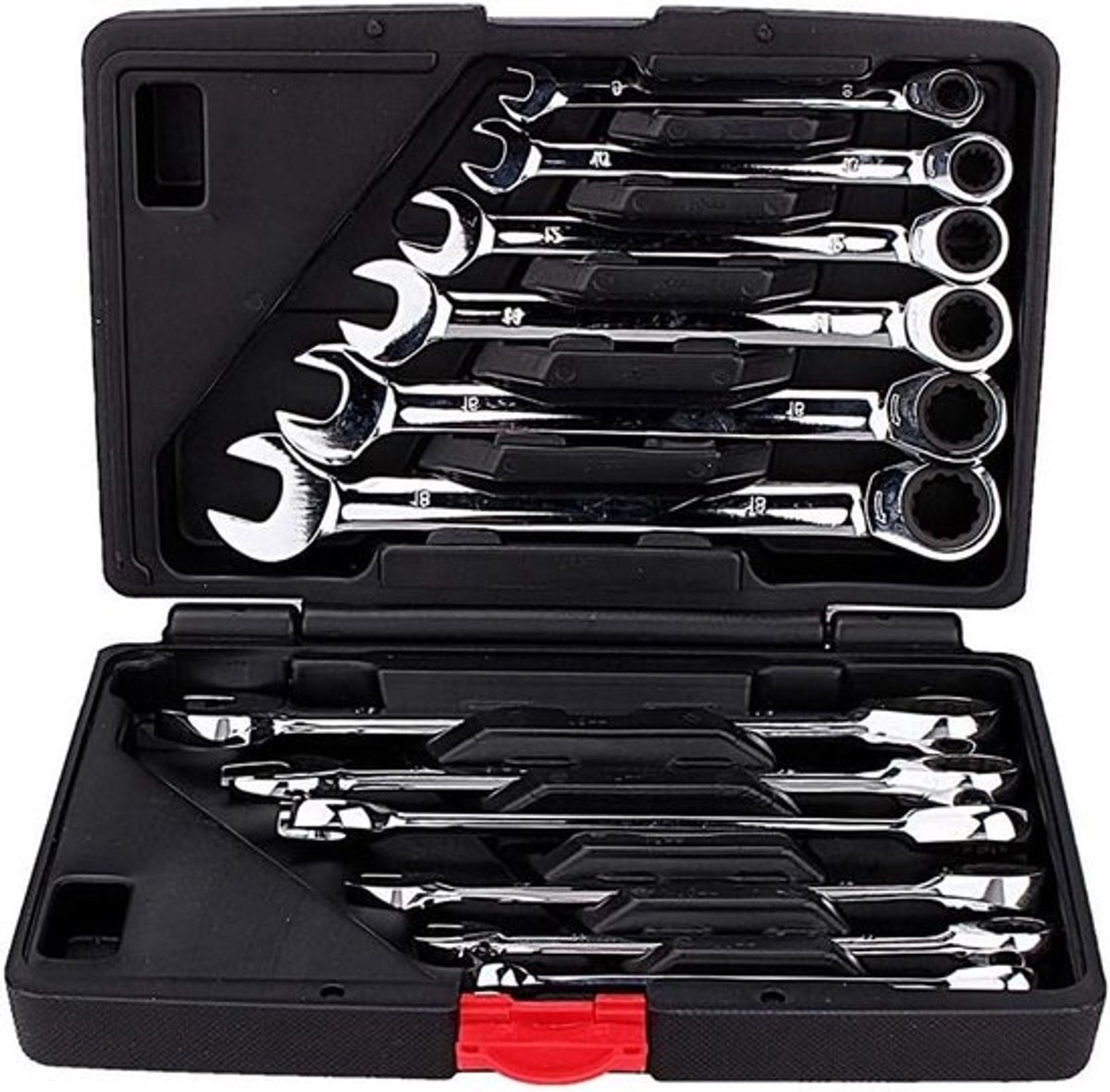 Professionele Ratchet Steeksleutel Set van 12 Stuks, 72 Tanden, 8-19 mm met Kunststof Behuizing en 5° Reset Hoek voor Precisiewerk