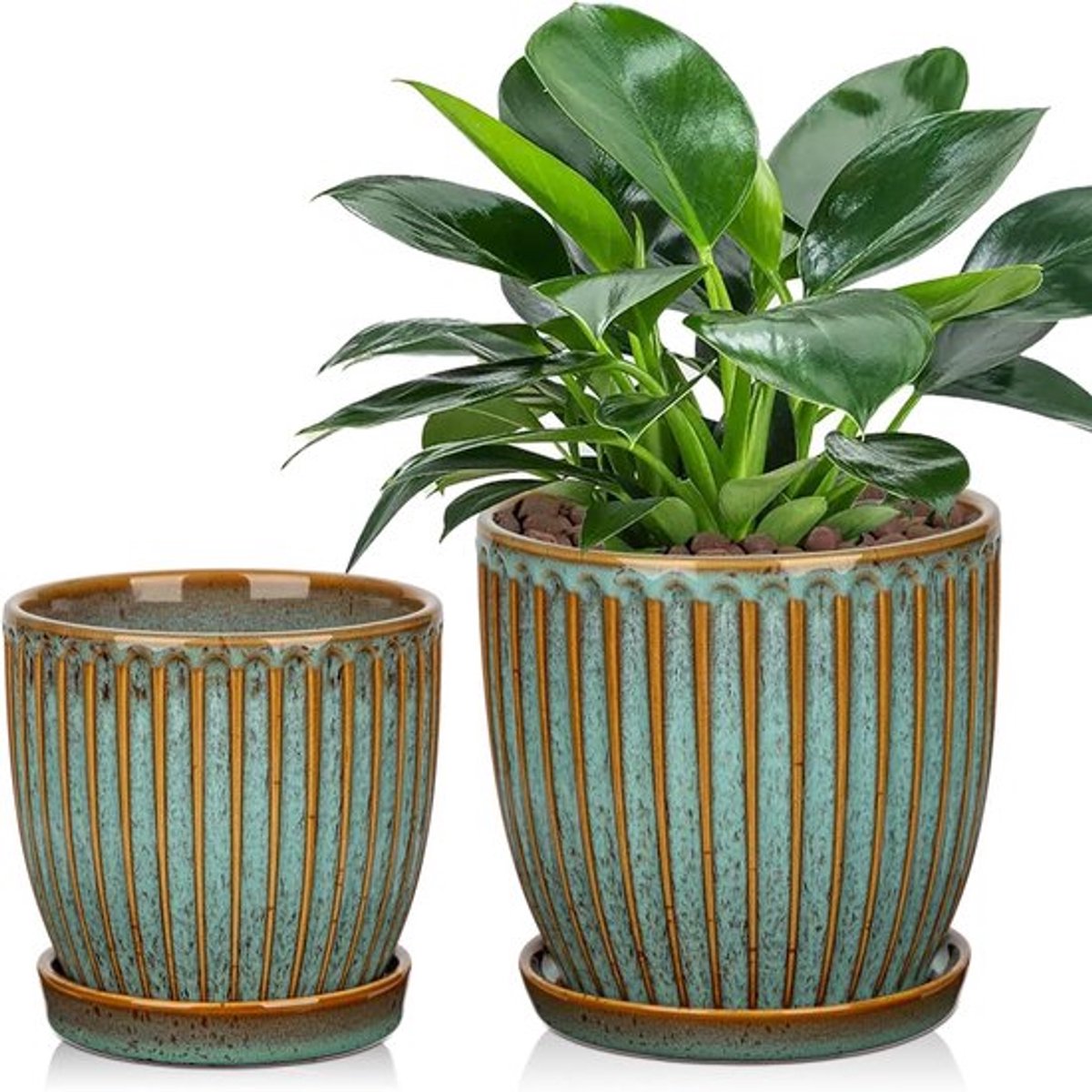 Bloempotten Set - Plantenbakken Keramiek - Kamerplanten Verpotten - Met Drainagegat - 2 Stuks 15cm/13cm - Donkerblauw