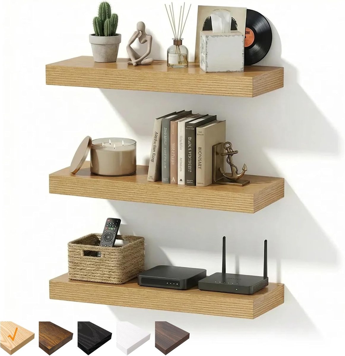 Wandplanken van Eikenhout, Set van 3, Zwevende Planken met Onzichtbare Beugels voor Badkamer, Slaapkamer en Keuken, 40 x 23.5 x 3.8 cm