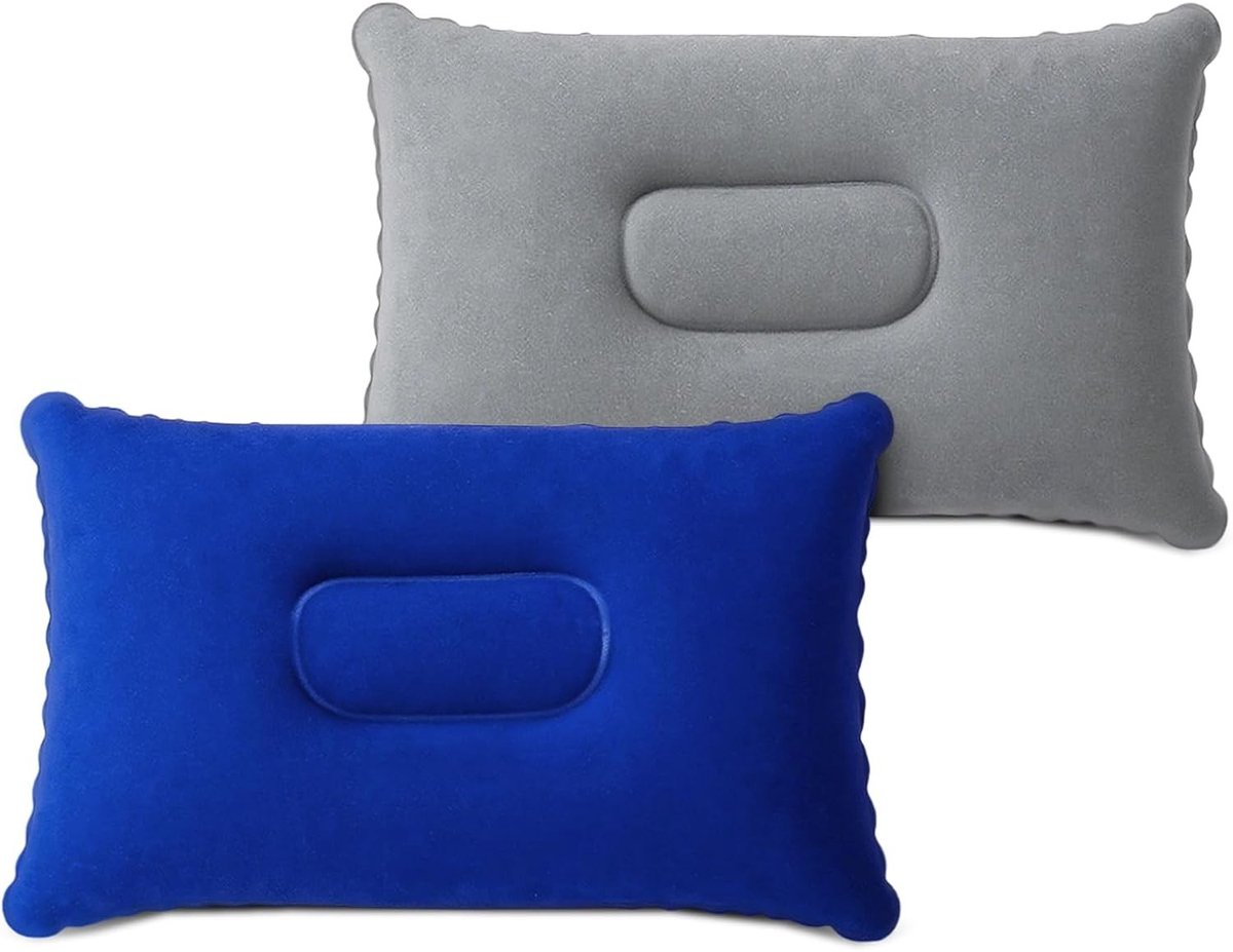 Ultralichte Opblaasbare Campingkussens, Set van 2, Zacht en Comfortabel Reis Kussen, Ideaal voor Kamperen en Outdoor Activiteiten, 34 x 22 cm (Royal Blauw + Grijs)