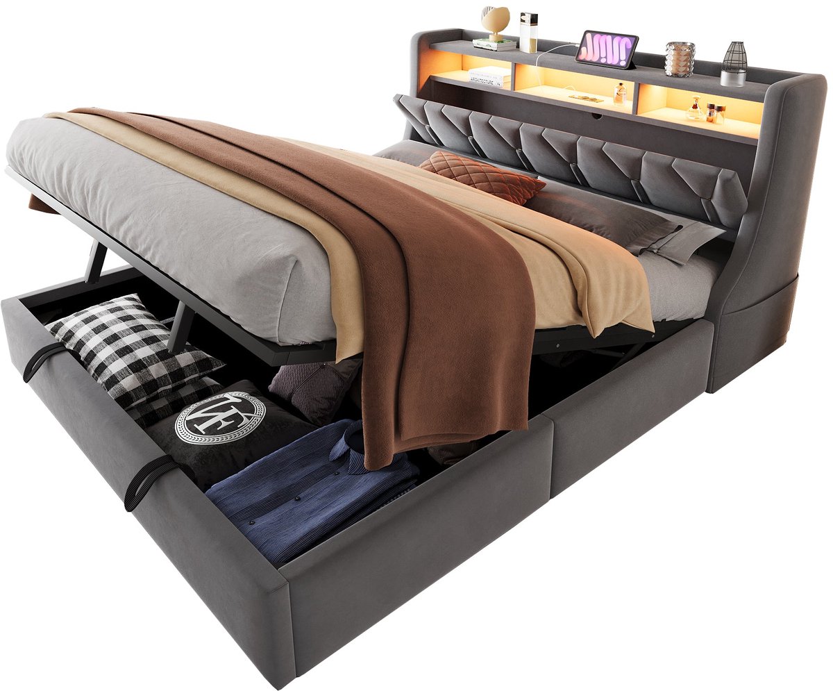 Merax Gestoffeerd Bed 180 x 200 cm - Bed Met Opbergruimte - Hydraulisch Hefmechanisme - LED Verlichting - Stopcontact - USB en USB-C - Fluweel - Grijs