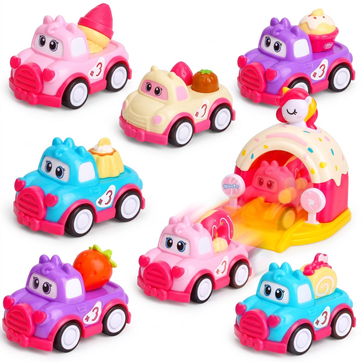 Namajunas -Speelgoedautoset – Speelgoedautoset voor meisjes – Kinderwagen – Speelgoedauto met terugtrekmechanisme – Inclusief eenhoornlanceerder en 6 dessertauto's – 7-in-1 – Geen batterijen nodig – Geschikt voor peuters vanaf 1 jaar