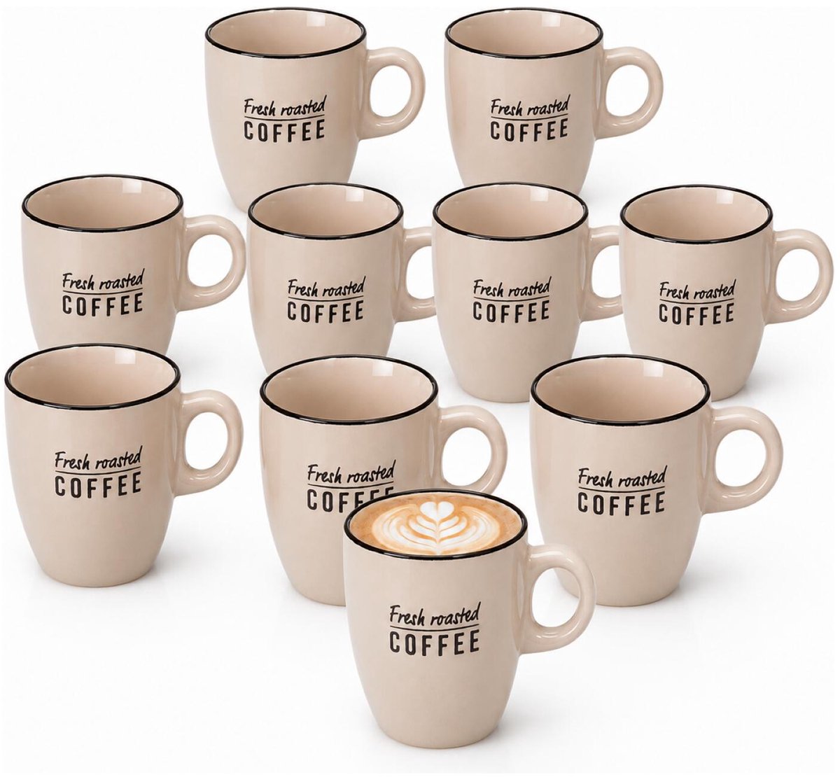 Siaki koffie kopjes Barista Cafe - 10x stuks - beige - 220 ml - mokken - keramiek - 10 cm - met koffie thema teksten