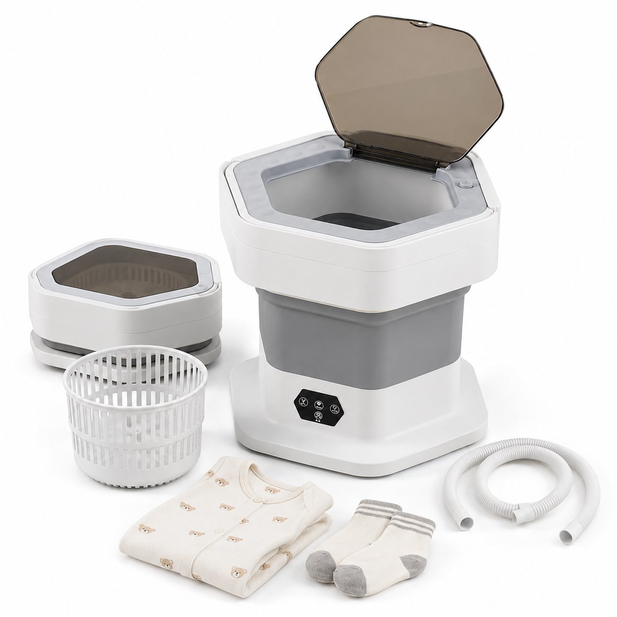 Mini wasmachine - Draagbare wasmachine - Opvouwbare wasmachine - Camping wasmachine - Kleine wasmachine - Voor appartement en studentenkamer - 30*30*28CM - Grijs