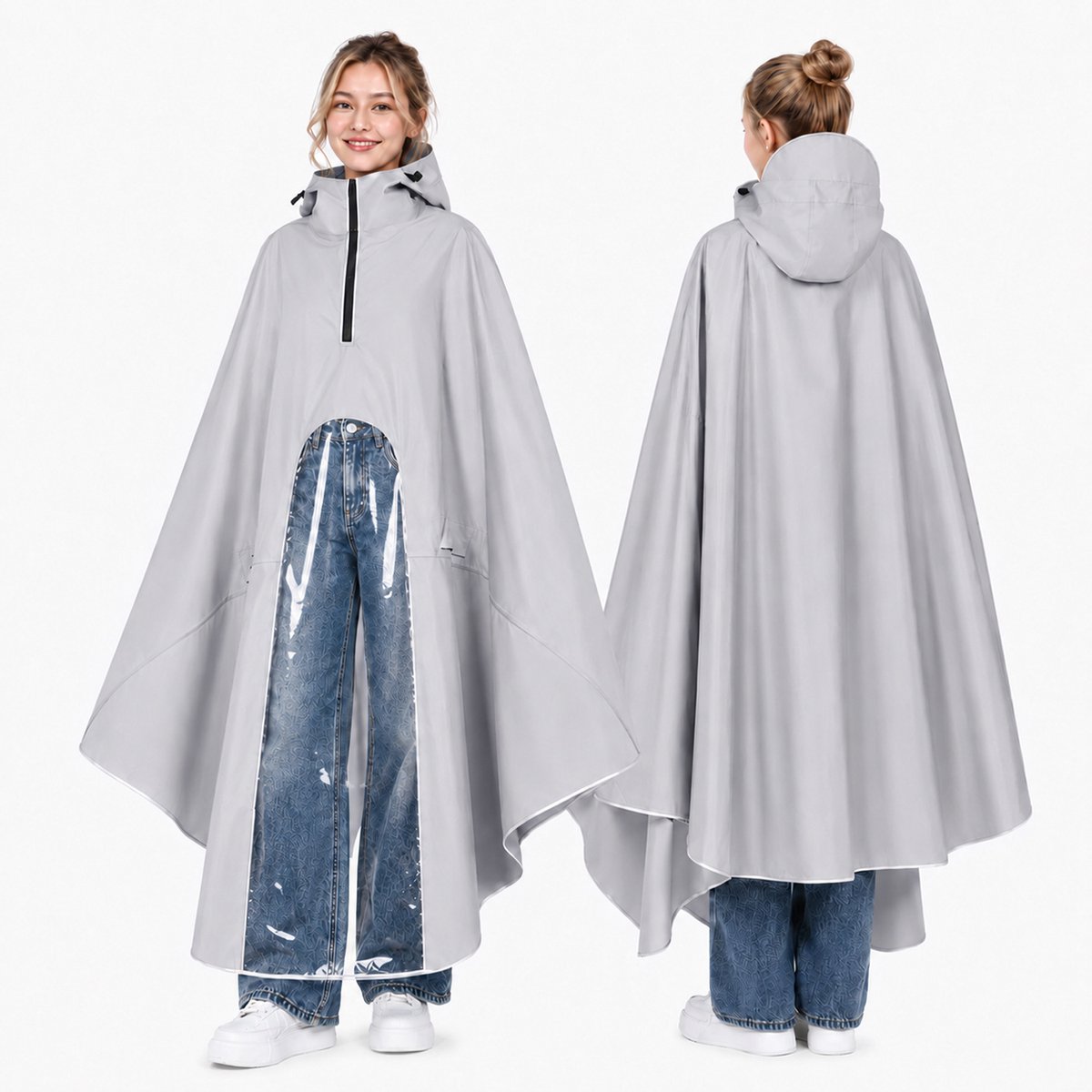Ulisem - Regenponcho Volwassenen - Herbruikbare Regenjas met Capuchon & Hoge Kraag - Fietsponcho voor Fiets, E-Step, Wandelen & Outdoor - Zonder Spiegelhoezen - 4xl - grijs
