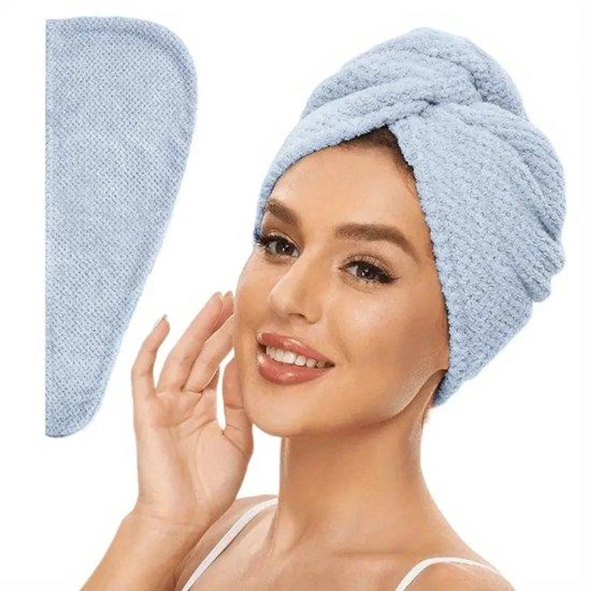 Casalora 2 Stuks Absorberende Haarhanddoek voor Dames – Getextureerde Droge Haarkap, Effen Kleur Blauw, Wikkel met Knopsluiting – 65x25.5 cm