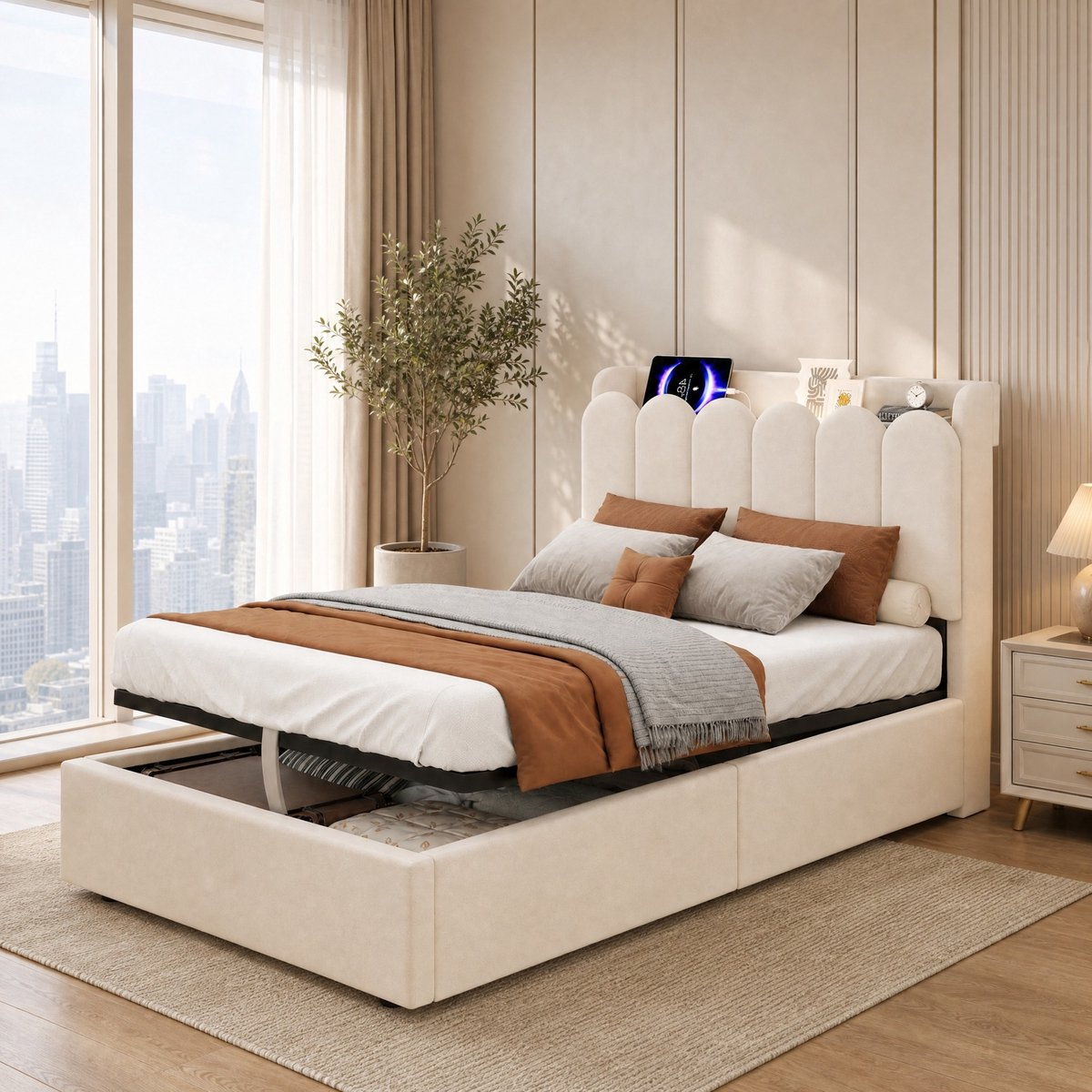 Kinderbed 90 x 200 cm Zonder Matras - Gestoffeerd Bed Met Lattenbodem En Grote Opbergruimte - Met USB En Type C En Leeslamp - Samt - Beige