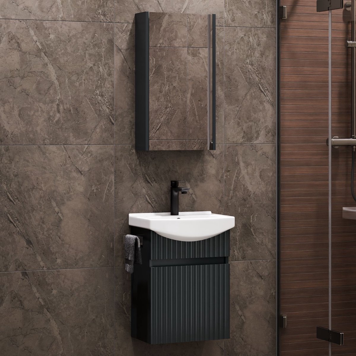 Planetmöbel WEGA Badkamermeubel Set 45 cm – Antraciet Mat – Wastafelonderkast met Wastafel en Spiegelkast – Wandhangend