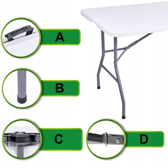 Campingtafel Klaptafel - Inklapbare tafel - Opvouwbare Tuintafel - Weerbestendig - Inclusief handvat - 180x70x74 (Wit) — afbeelding 2
