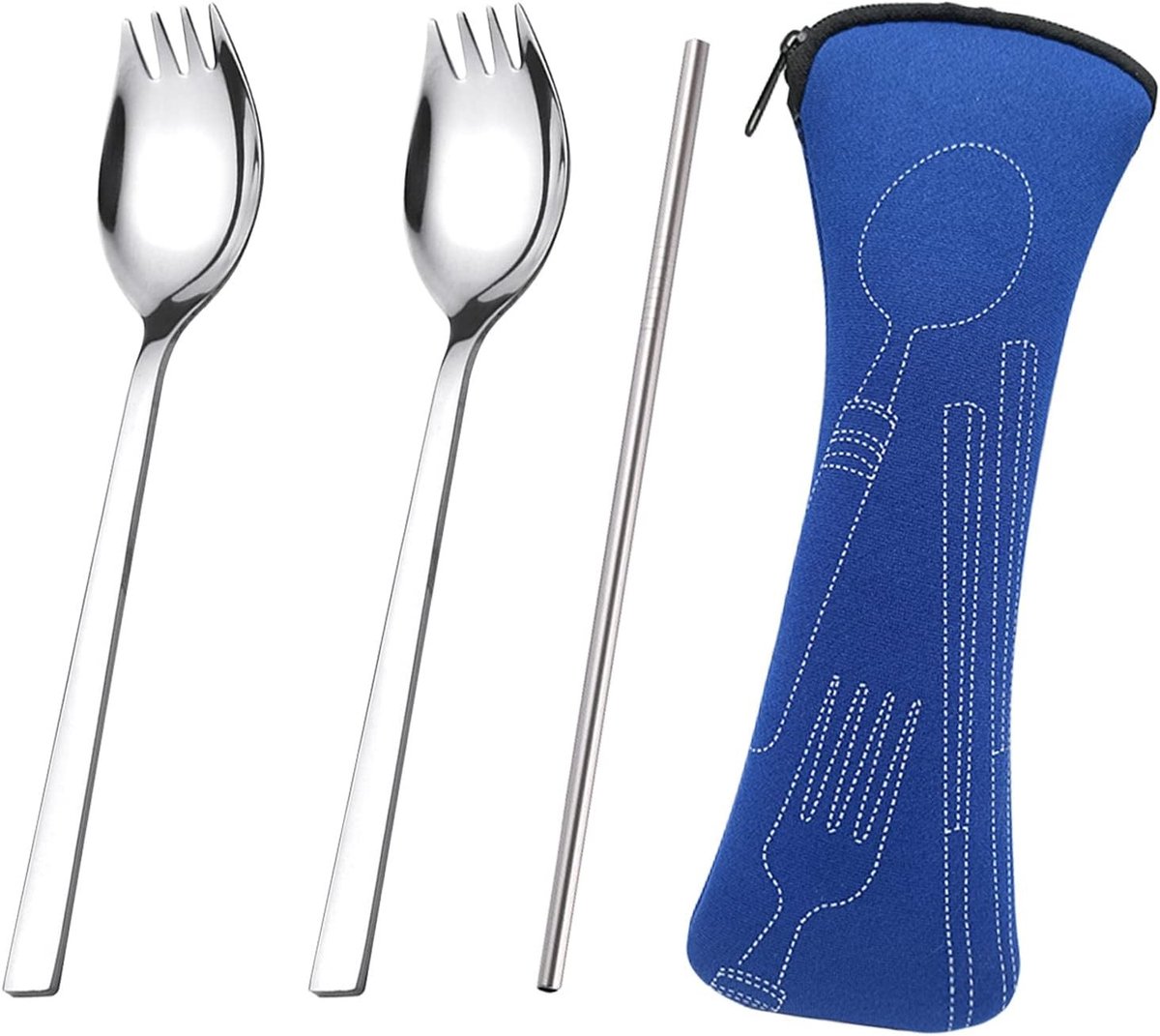 Creatieve RVS Sporks Set van 2, Draagbare 2-in-1 Bestek voor Pasta, Dessert en Kamperen, Ideaal voor Buitenactiviteiten