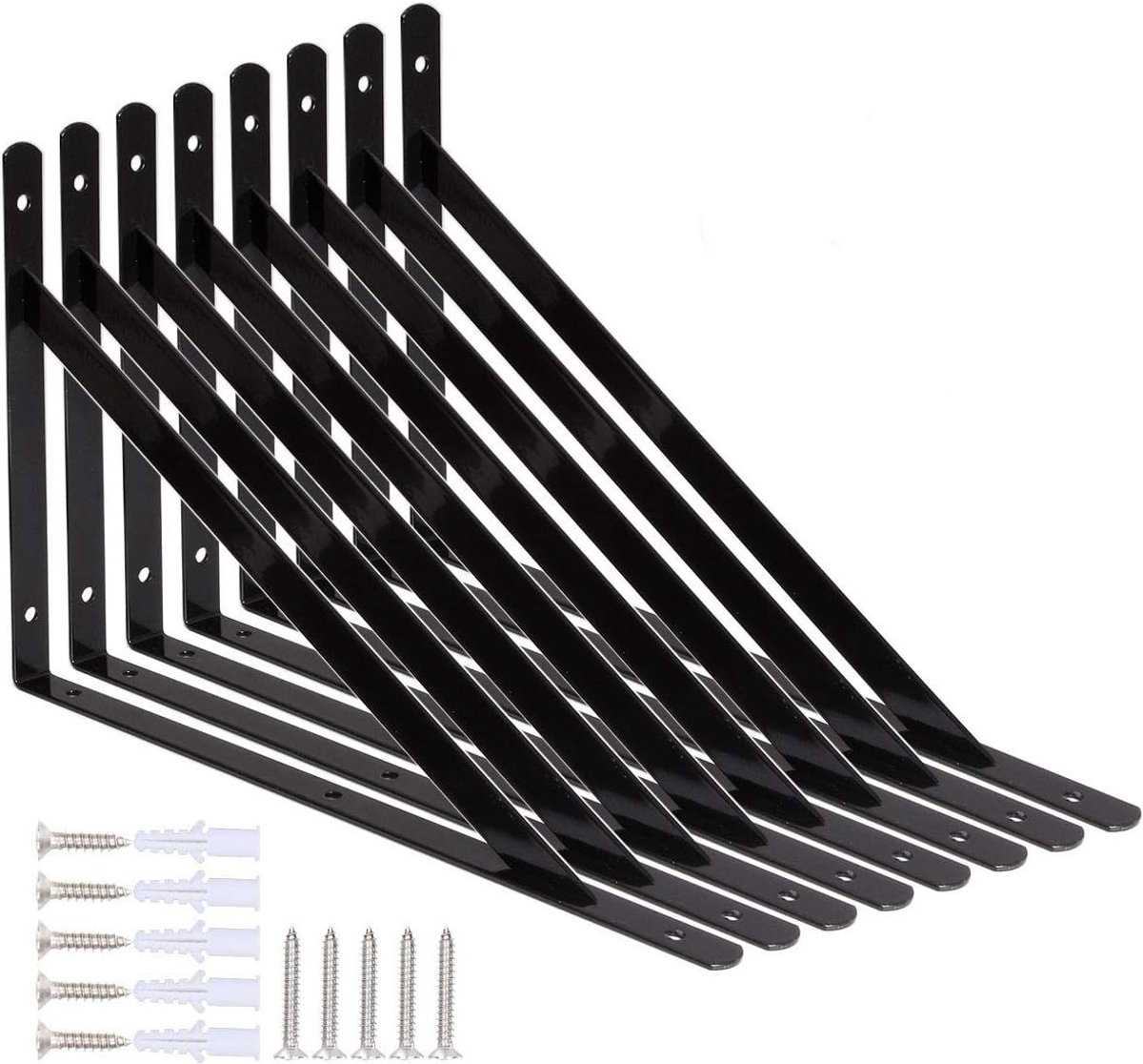 Hoekplank Set van 8 Stukken, Driehoekige Beugels met 90° Staal, Planksteun 300mm x 190mm met 20 Schroeven en 8 Ankers (Zwart)