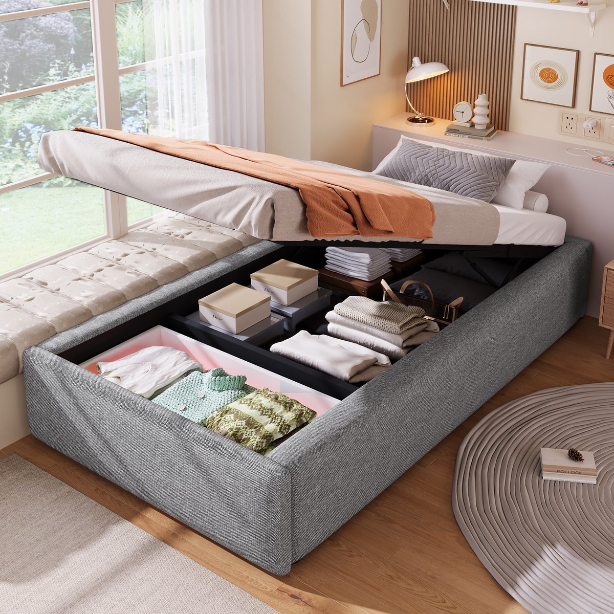 Gestoffeerd Bed 90x200 cm - Met Opbergruimte - Met Lades - Met Hoofdeinde - Grijs