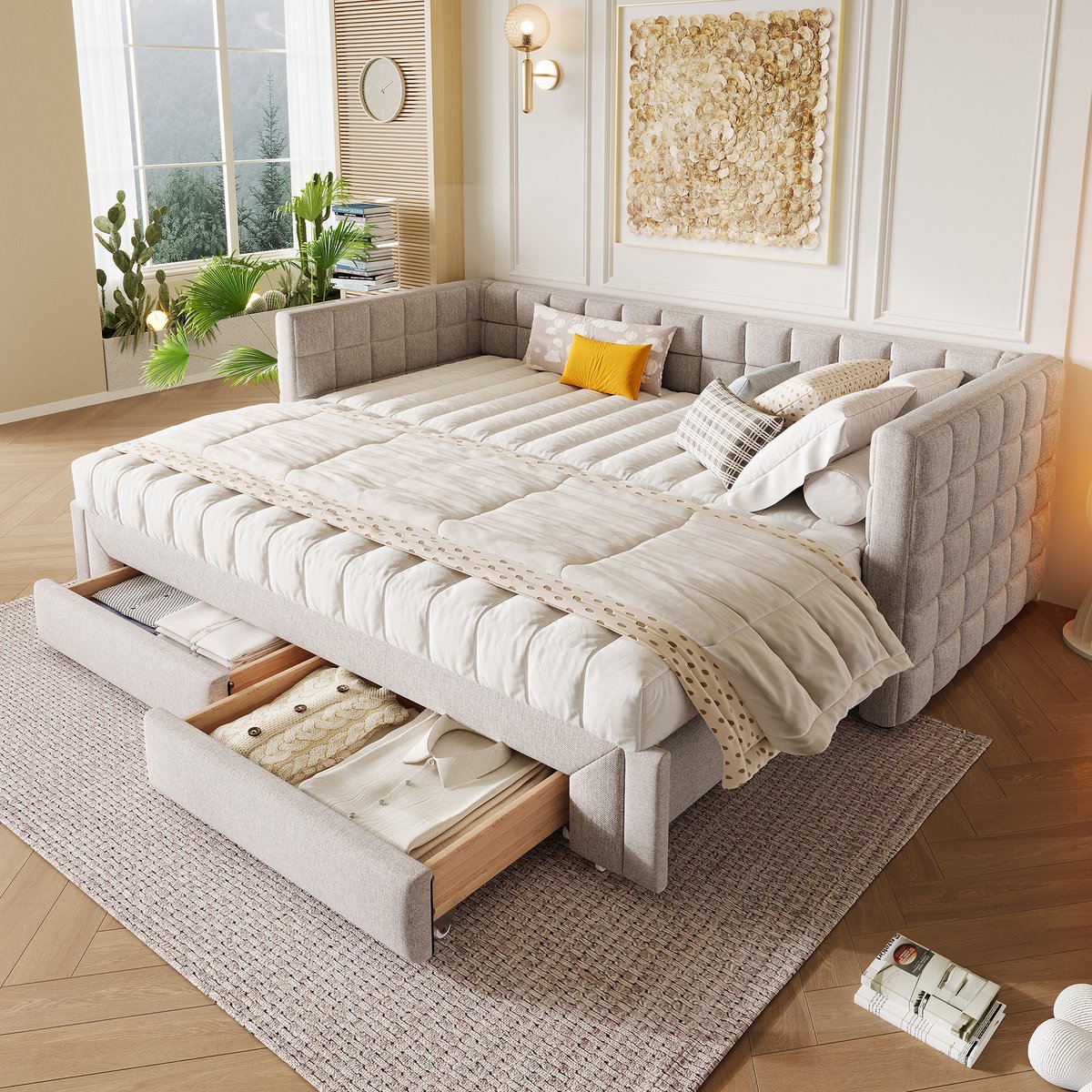 Dagbed 90x200 cm - Met Opbergruimte - Uittrekbaar - Met Lades - Beige
