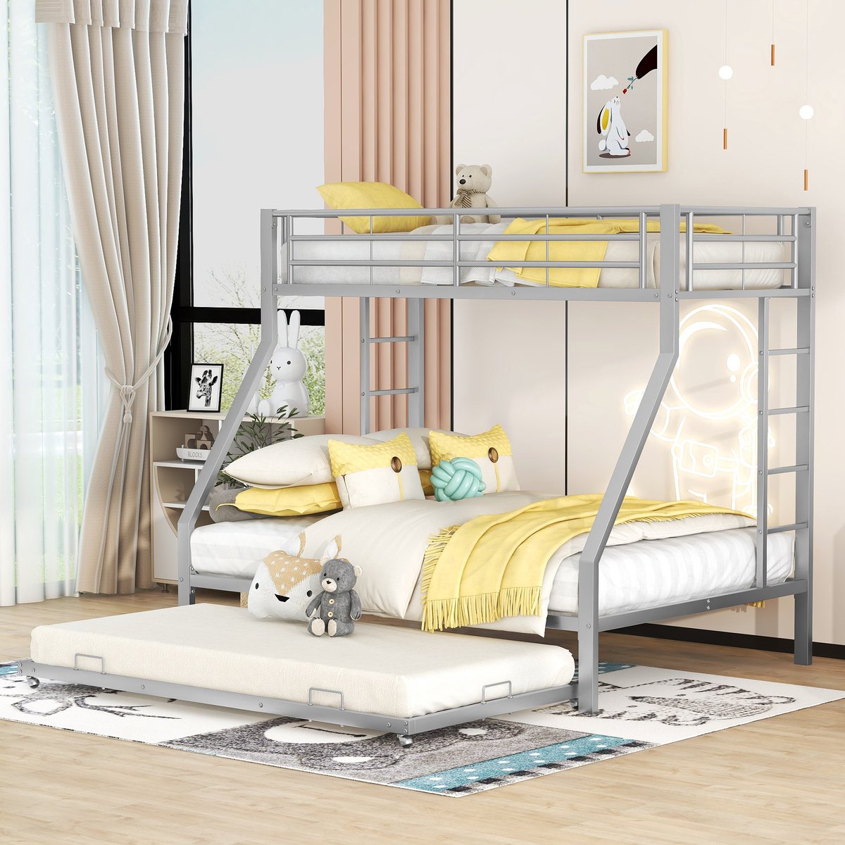 Stapelbed Metaal 90x140x200 cm - Hoogslaper Met 2 Ladders En Extra Slaapplaats - Zilver