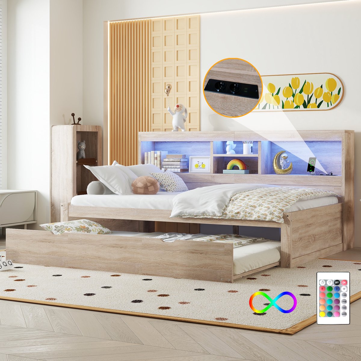 Dagbed 90x200 cm - Met LED-Verlichting - Met Opbergruimte - Uittrekbaar - Natuurlijk