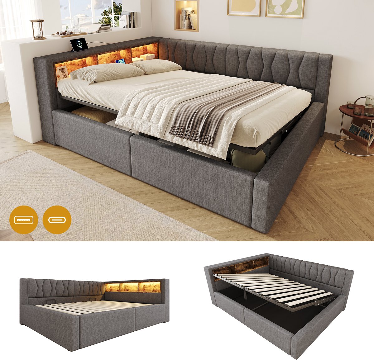 Dagbed 140x200 cm - Met LED-Verlichting - Met Opbergruimte - Met USB-Oplaadpunt - Grijs