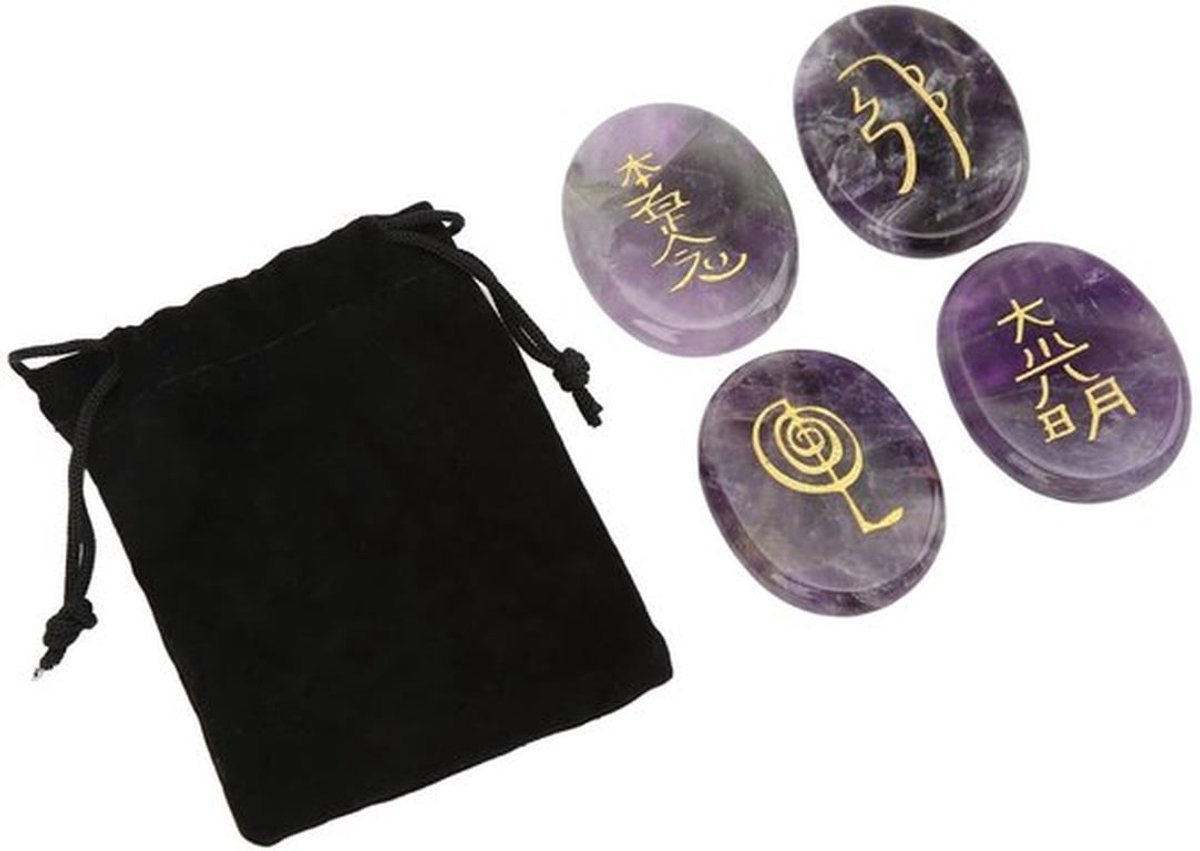 Reiki Stenen 4-pack - Gegraveerde Symbolen - Meditatieornament - Energiegenezend - Gladde Oppervlakken - Spirituele Helende Stenen - Meditatiestenen