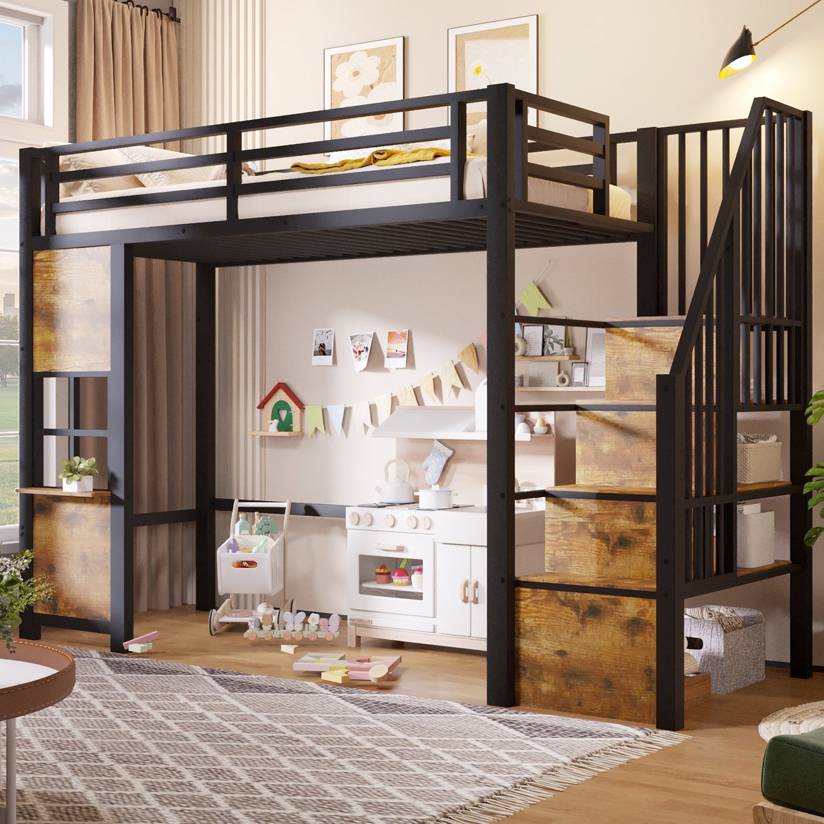 Hoogslaper 90 x 200 cm Met Trap En Opbergruimte Uitvalbeveiliging Voor Kinderkamer Metaal En MDF Zwart Zonder matras