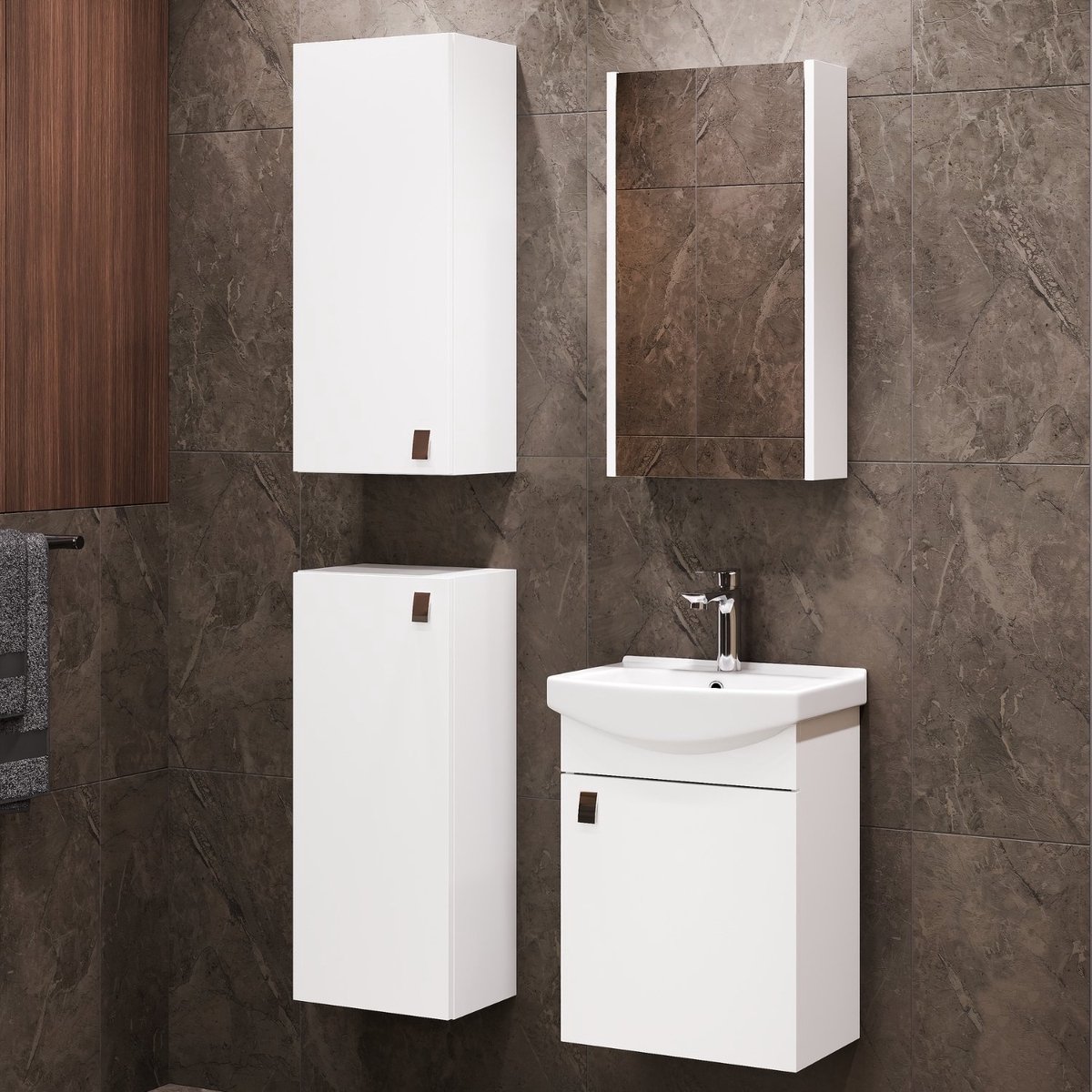Planetmöbel Badkamermeubel Set 45 cm – Wit – Keramische Wastafel met Spiegelkast en 2 Midikasten 32 cm – Soft-Close