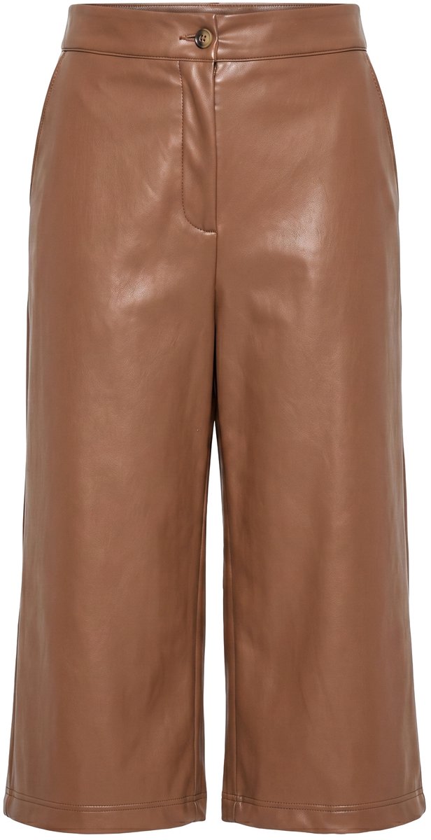 Ulla Popken - Dames - Culotte leerlook wijde pijpen comfortabele tailleband - Goudbruin - Maat 42