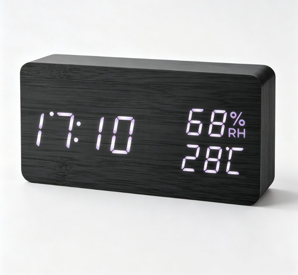 Digitale houten LED‑wekker, 12/24‑uur formaat, tafelklok met spraakbesturing, datum, temperatuur en luchtvochtigheid, USB‑oplaadpoort, rechthoekig zwart