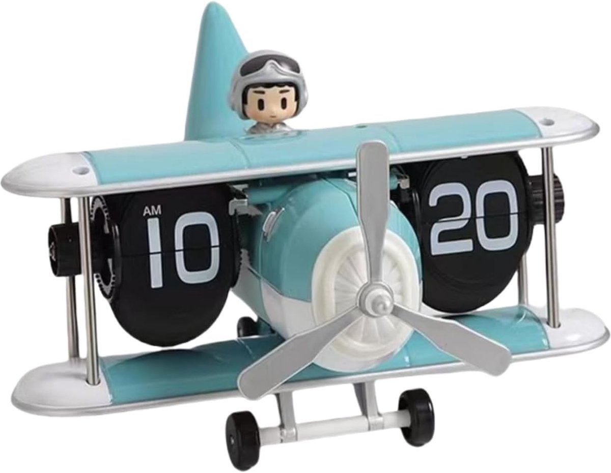 Vliegtuig‑flip tafelklok, retro vintage stille tafelklok wit, batterijgevoed met automatisch mechanisme, grote cijfers, uniek klassiek cadeau voor thuis en kantoor（lichtblauw）