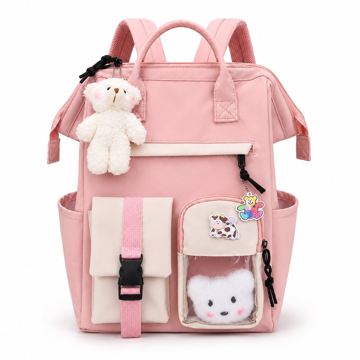 VHV-Rugzak dames - Schooltas meisje - Kawaii - Waterdicht - Met laptopvak - Inclusief pins & beer - Tiener rugzak - Middelbare school - Polyester - 38*26*18 cm- Roze
