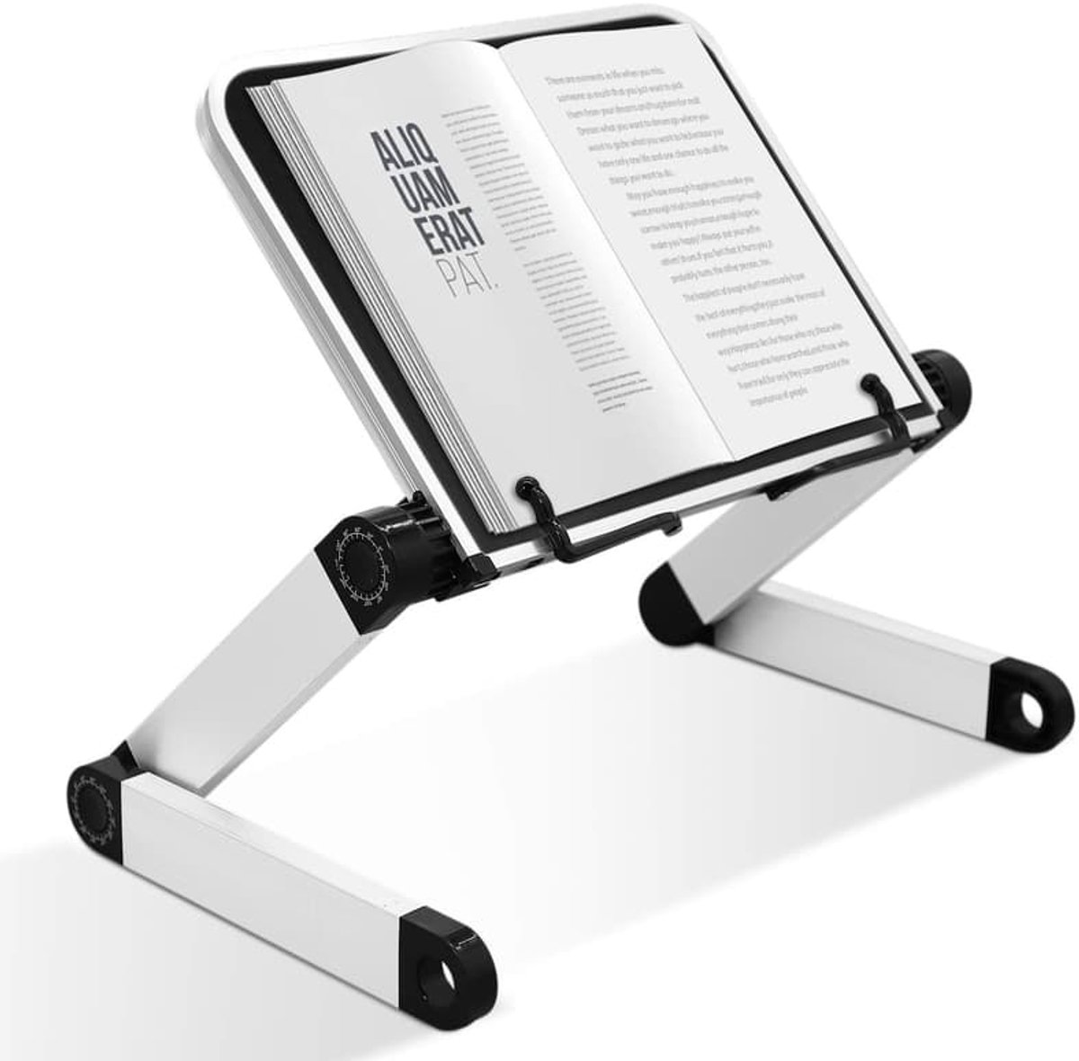 Laptopstandaards, verstelbare boekenplanken met zijclips, ergonomisch in hoogte en hoek verstelbare receptenhouders, studieboeken en kookboeken.