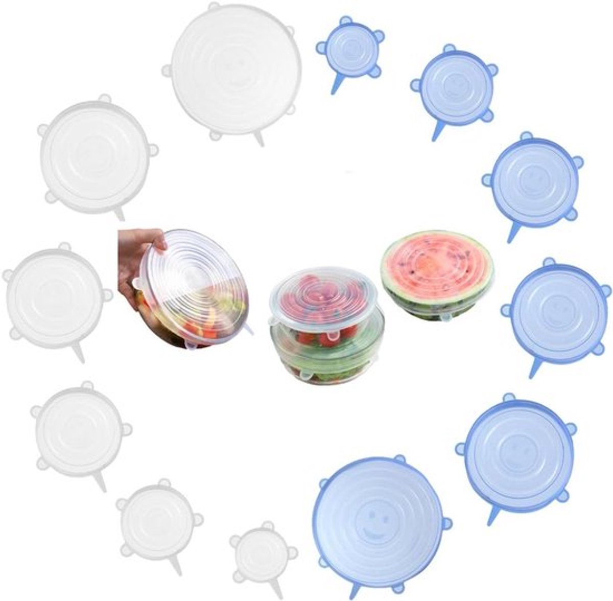 Rekbare Siliconen Deksels Set van 12 Stuks in Blauw en Wit - Herbruikbare Siliconen Deksel in 6 Maten - Universele Klevende Deksel voor Fruit, Yoghurt, en Meer